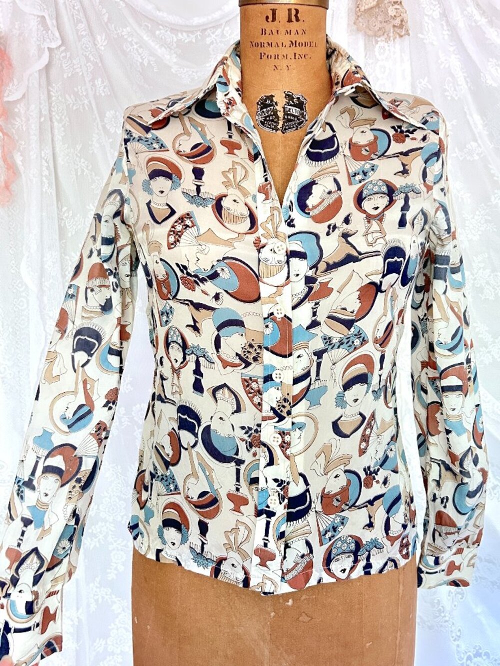 Vintage 1970s Art Deco Flapper Print Blouse, Ardee California, Novelty Print